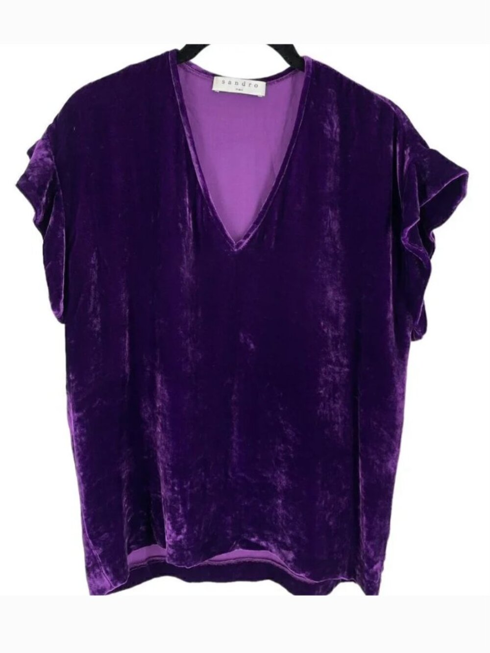 Sandro Alberta Purple Silk Velvet Crinkle Ruffle Sleeve Top Size 1 Small